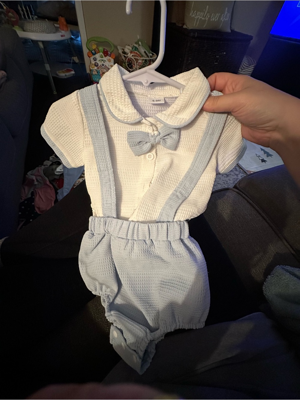 Baby Boy Suspender Romper Set - White & Light Blue